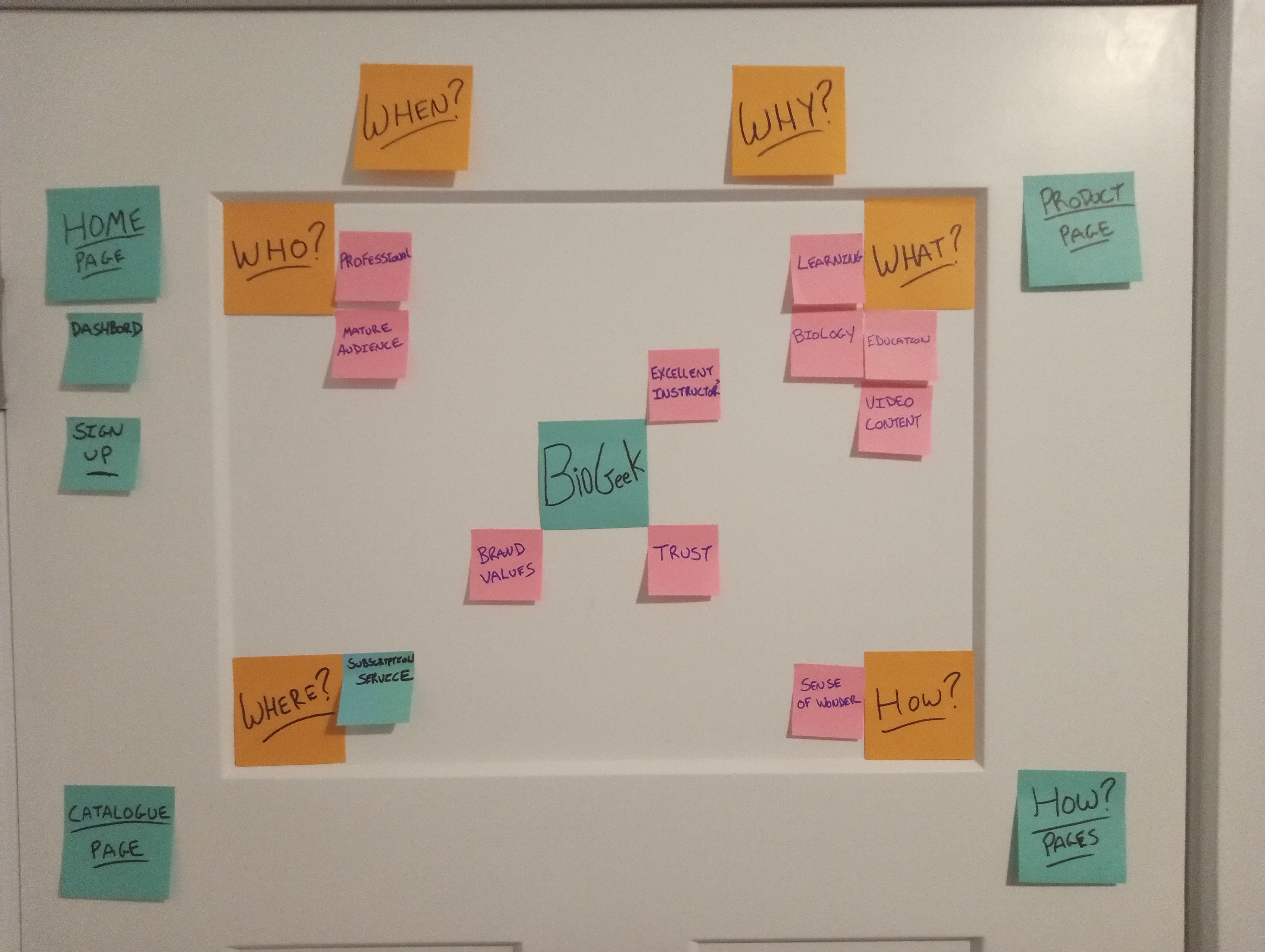 BioGeek brainstorming board adding professional, mature audience, trust, instructor, biology, learning, and video content notes