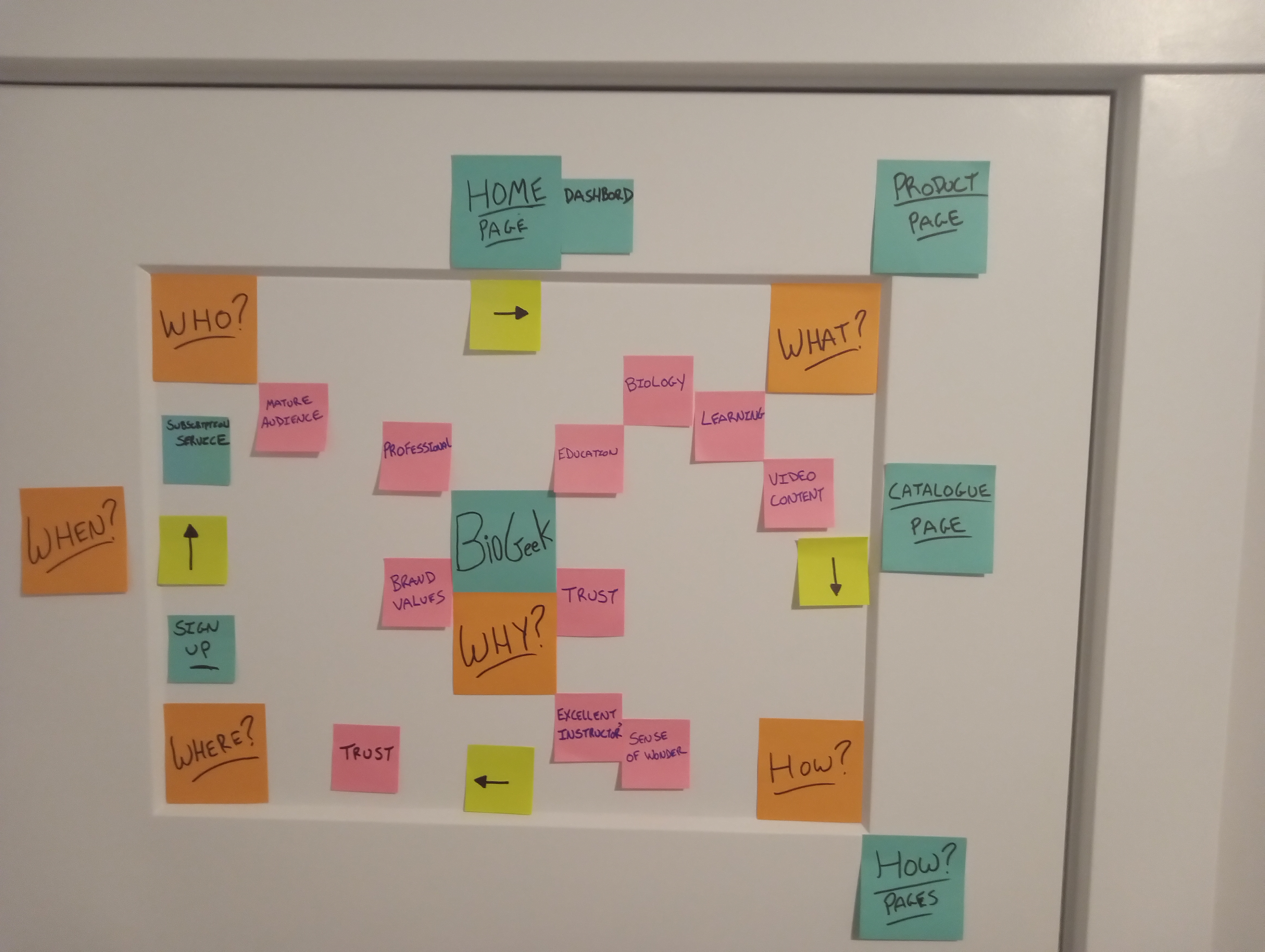 BioGeek journey board with arrows connecting home, product, catalogue, sign-up, dashboard, and learning needs